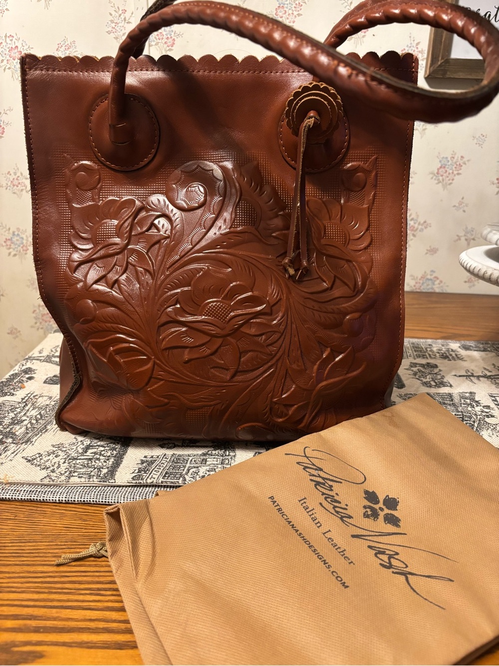 Patricia Nash Cognac Floral Tooled Leather Tote with Braided Handles